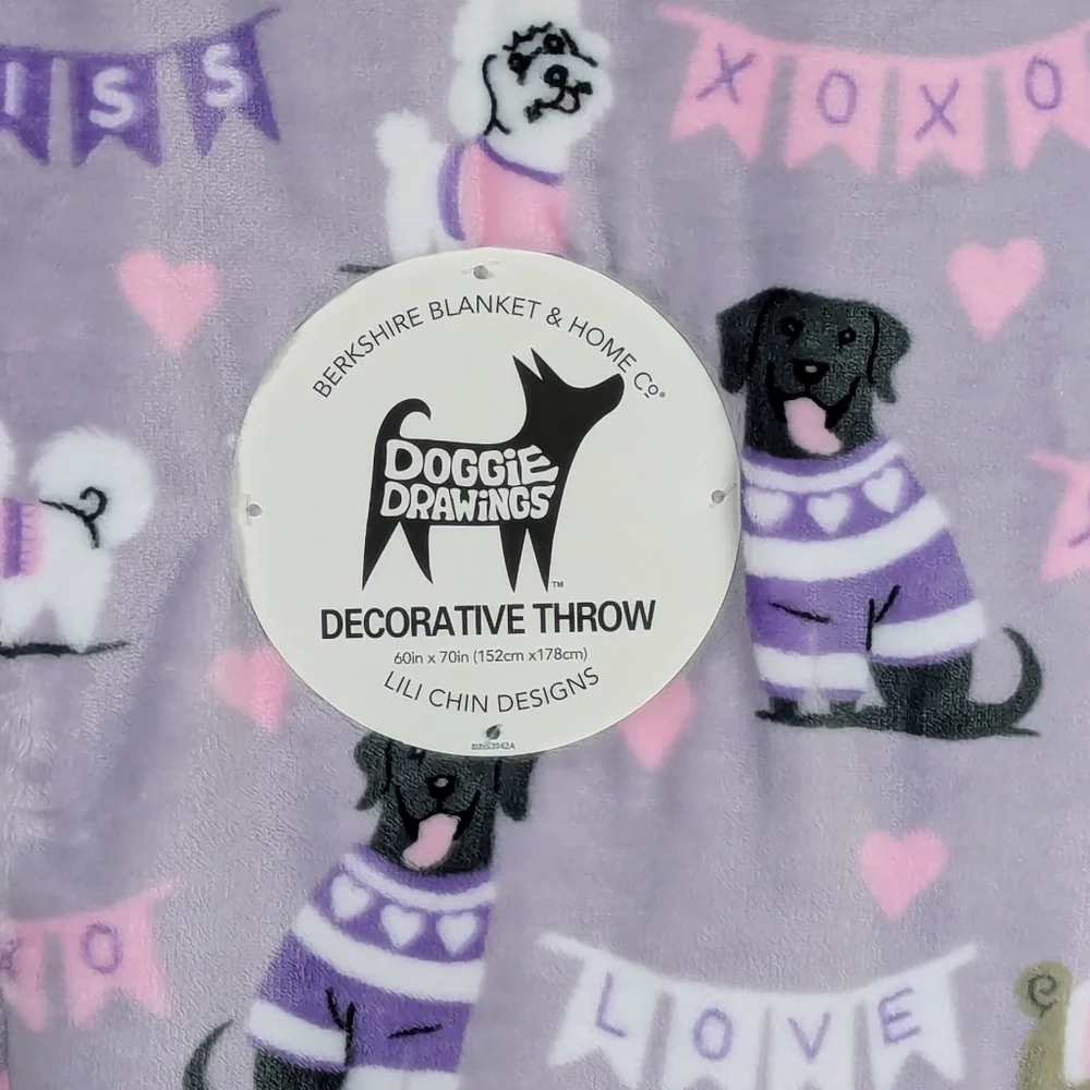 Boston Terrier Frenchie Pugs Kisses Love Plush Throw Blanket Lavender 60x70 NWT